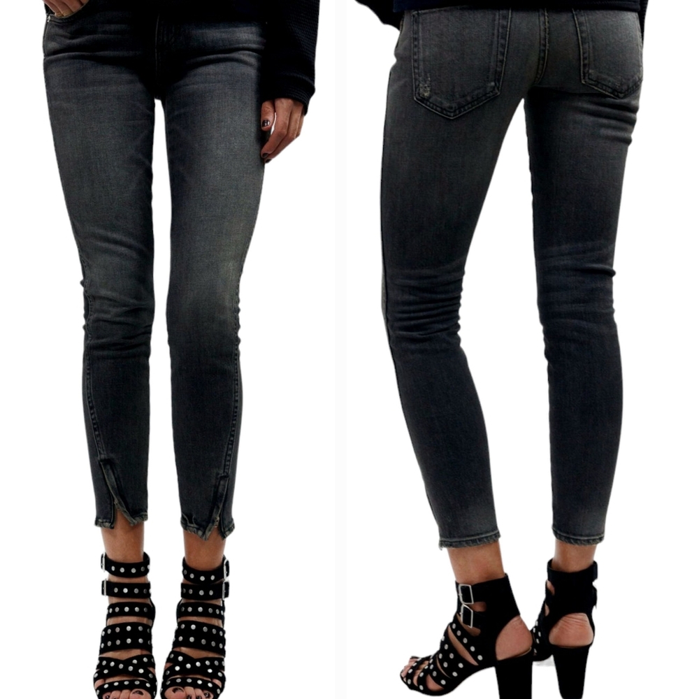 Amo Jeans Twist Zip Mid Rise Stretch Denim Cropped Skinny Black Grey Jett Vegan